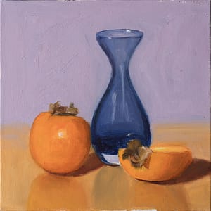 Persimmons and a Blue Glass Vase - Original Oil Painting on Canvas Cardboard - Handpainted