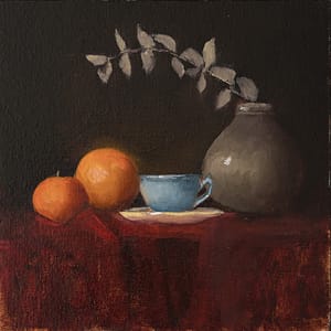 Tabletop Still Life of a Mandarine, an Orange, a delicate blue Teacup & brown Vase - Original Oil Painting on Canvas - Handpainted